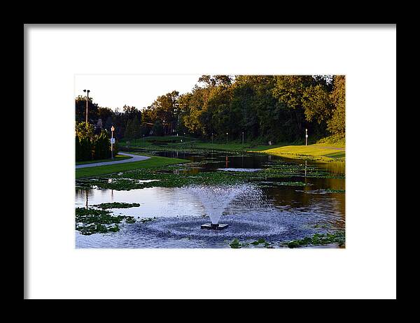 Lake With Fountain. Trees Framed Print featuring the photograph Lake with fountain by Rachid Hatni