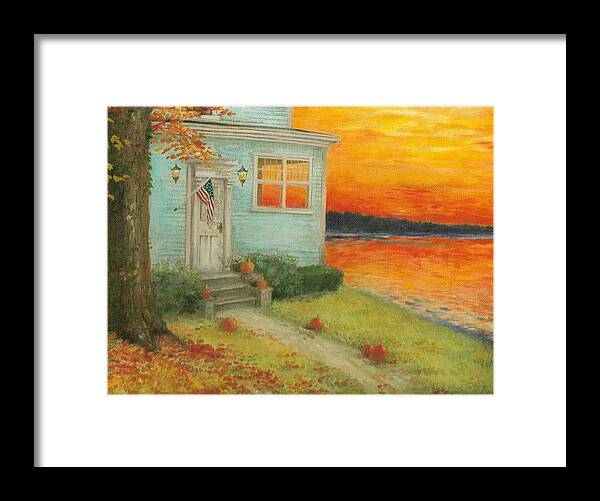 Boculic Framed Print featuring the painting Lakehouse fall nocturne by Judith Cheng