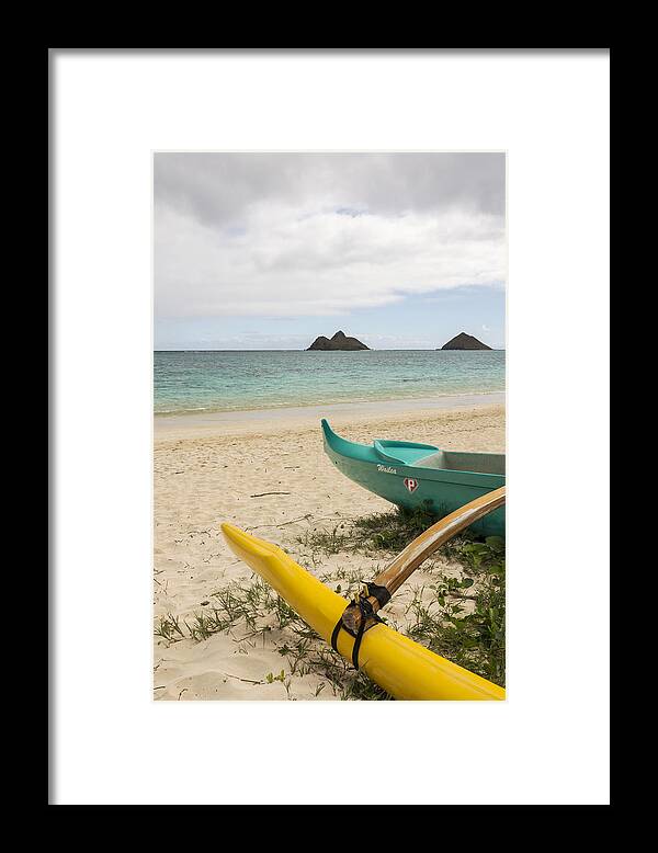 Lanikai Kailua Oahu Hawaii Beach Park Outrigger Canoe Boat Seascape Framed Print featuring the photograph Lanikai Beach Outrigger 2 - Oahu Hawaii by Brian Harig