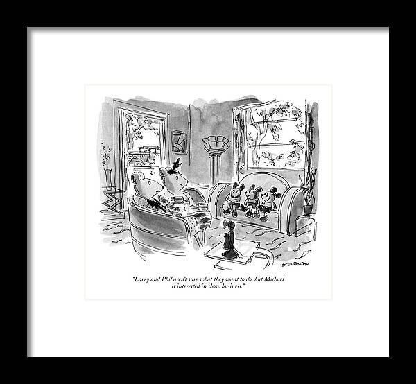 

 One Mouse-woman To Another About Three Little Mice On A Sofa-old-fashioned Setting Framed Print featuring the drawing Larry And Phil Aren't Sure What They Want by James Stevenson