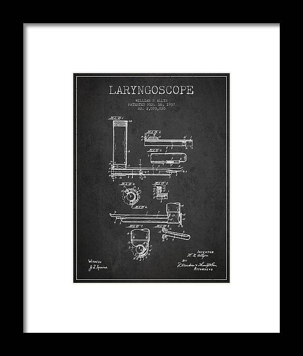 Medical Device Framed Print featuring the digital art Laryngoscope Patent from 1937 - Dark by Aged Pixel