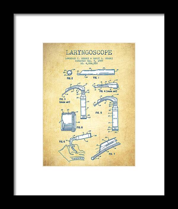Medical Device Framed Print featuring the digital art Laryngoscopy Patent from 1964 - Vintage Paper by Aged Pixel