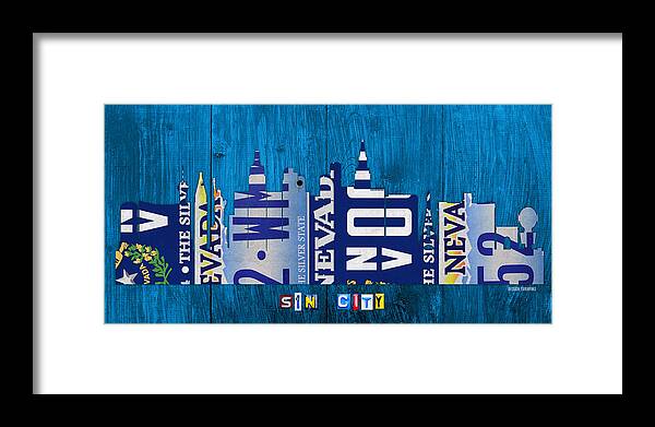 Las Framed Print featuring the mixed media Las Vegas Nevada City Skyline License Plate Art on Wood by Design Turnpike
