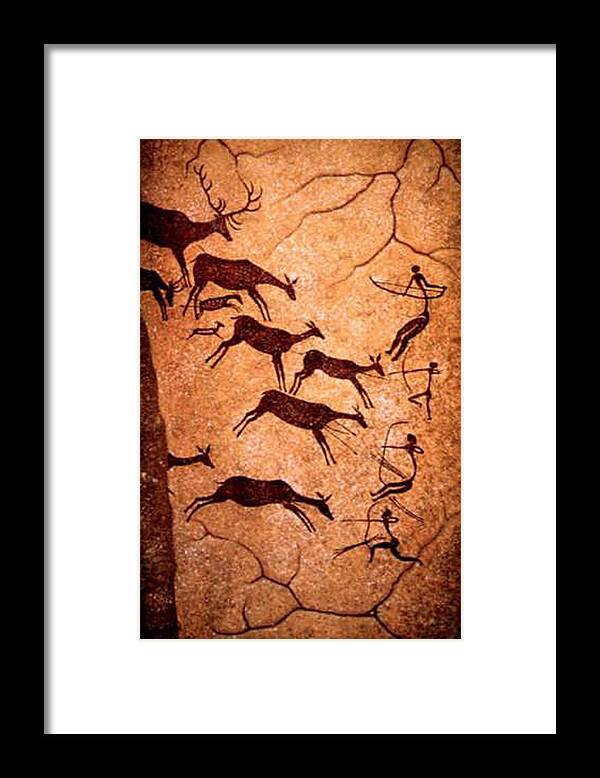 Rock Art Framed Print featuring the digital art Lascaux Stag Hunting by Asok Mukhopadhyay