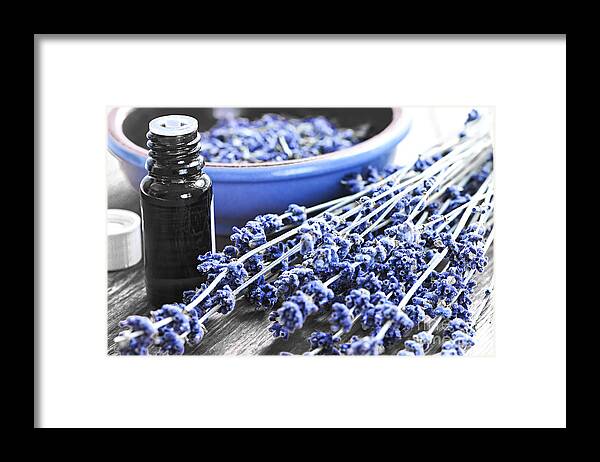 Lavender Framed Print featuring the photograph Lavender herb and essential oil by Elena Elisseeva