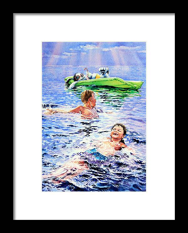 Boys Swimming Painting Framed Print featuring the painting Lazy Hazy Crazy Days by Hanne Lore Koehler
