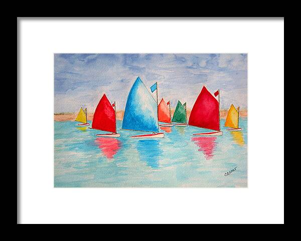 Sailboats Newport Ri Regatta Ocean Long Island Sound Atlantic Pacific Colorful Sails Sun Sand Sky Reflection Competition Sailing Class Boats In A Row Framed Print featuring the painting Weekend Regatta by Colleen Casner