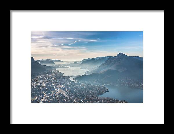 Panoramic Framed Print featuring the photograph Lecco Lake Aerial View, Como, Italy by Deimagine