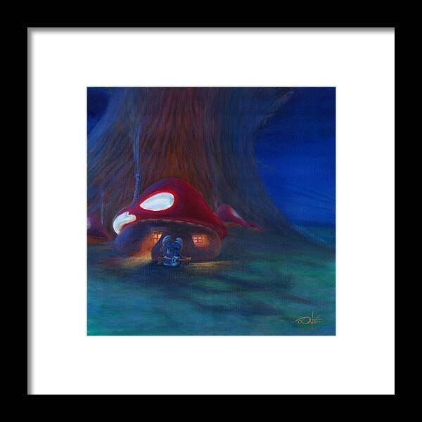 Smurfs Framed Print featuring the painting L'embrasse by Jim Ditto