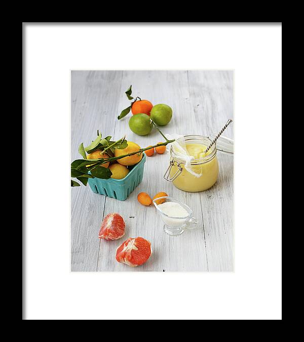 Creamer Framed Print featuring the photograph Lemon Curd With Citrus by Julia Khusainova