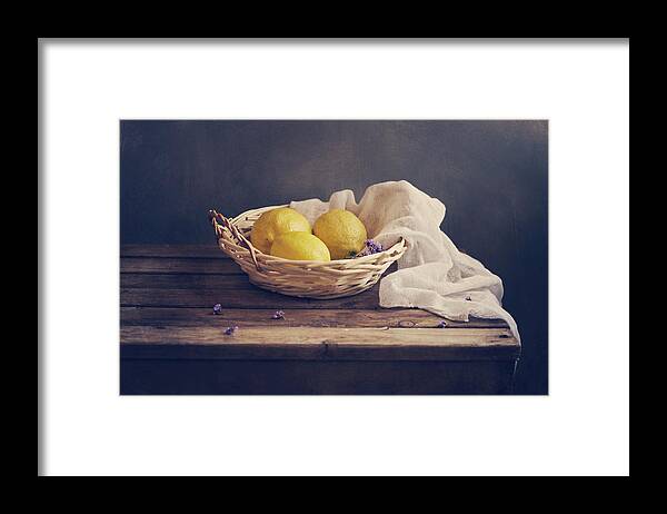 Wood Framed Print featuring the photograph Lemons In Wicker Bowl With White Gauze by Copyright Anna Nemoy(xaomena)