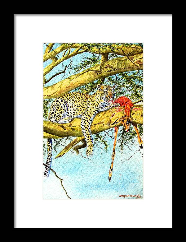 African Paintings Framed Print featuring the painting Leopard with a Kill by Joseph Thiongo