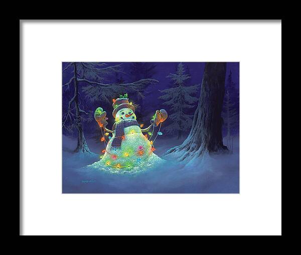 Michael Humphries Snowman Christmas Christmas Lights Winter Night Pillows Christmas Decor Notebooks Shower Curtain Blankets Framed Print featuring the painting Let it Glow by Michael Humphries