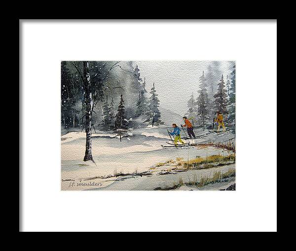 Skiing At The Trail Framed Print featuring the painting Let's Ski by John Smeulders