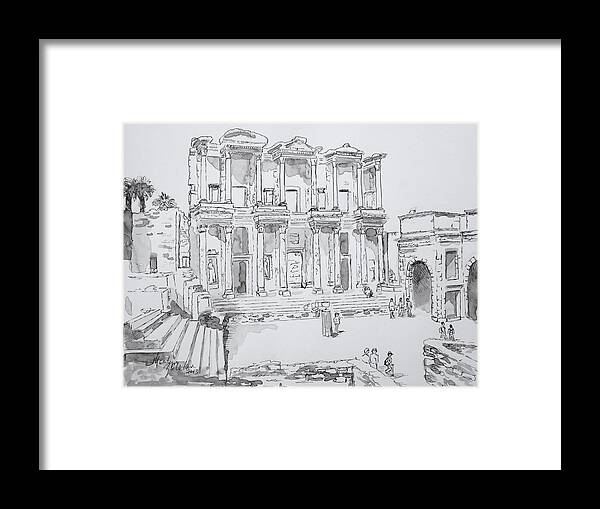 Etching Framed Print featuring the painting Library at Ephesus by Marilyn Zalatan