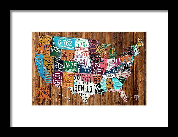 License Plate Map Framed Print featuring the mixed media License Plate Map of The United States - Warm Colors on Pine Board by Design Turnpike