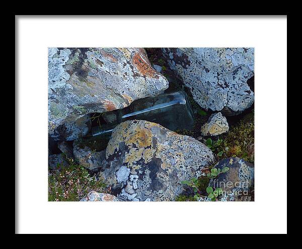 Rocks Framed Print featuring the photograph Lichen Rocks and Bottle by Phil Banks