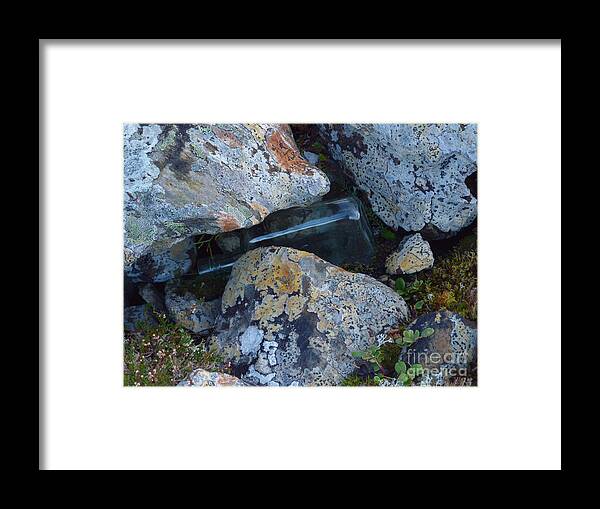 Rocks Framed Print featuring the photograph Lichen Rocks and Bottle by Phil Banks