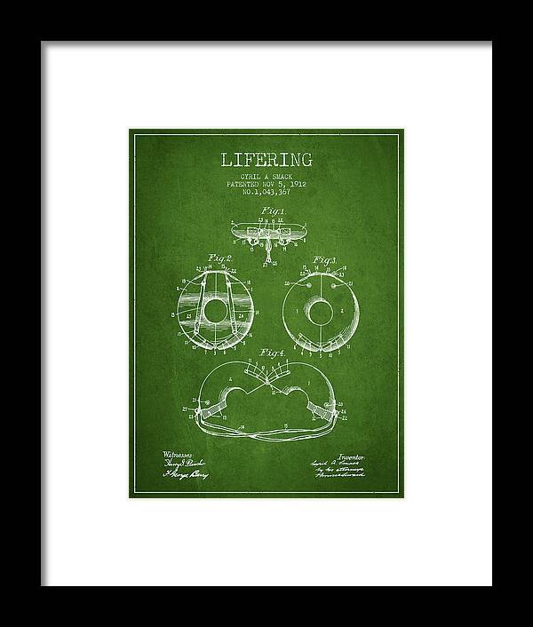Life Preserver Framed Print featuring the digital art Life Ring Patent from 1912 - Green by Aged Pixel