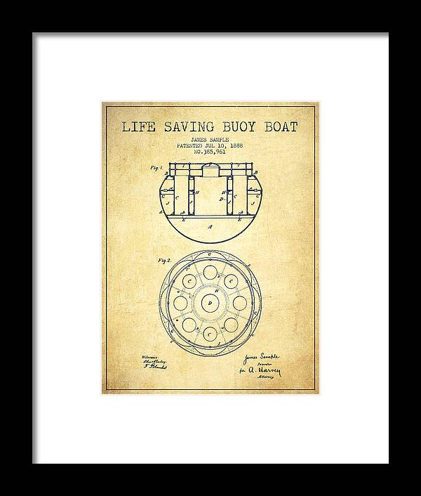 Lifebuoy Framed Print featuring the digital art Life Saving Buoy Boat Patent from 1888 - Vintage by Aged Pixel