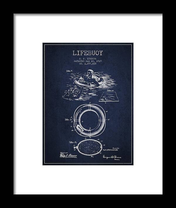 Lifebuoy Framed Print featuring the digital art Lifebuoy Patent from 1919 - Navy Blue by Aged Pixel