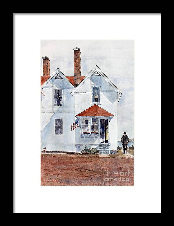 A Flag Waves In The Morning Breeze At A Lighthouse On The Southern Shore Of Lake Superior. Framed Print featuring the painting Light Keeper by Monte Toon