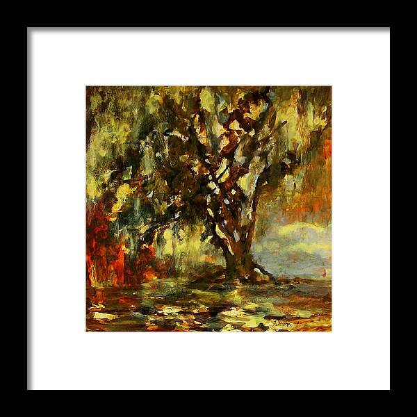 Art Framed Print featuring the painting Light through the Moss tree landscape painting by Julianne Felton