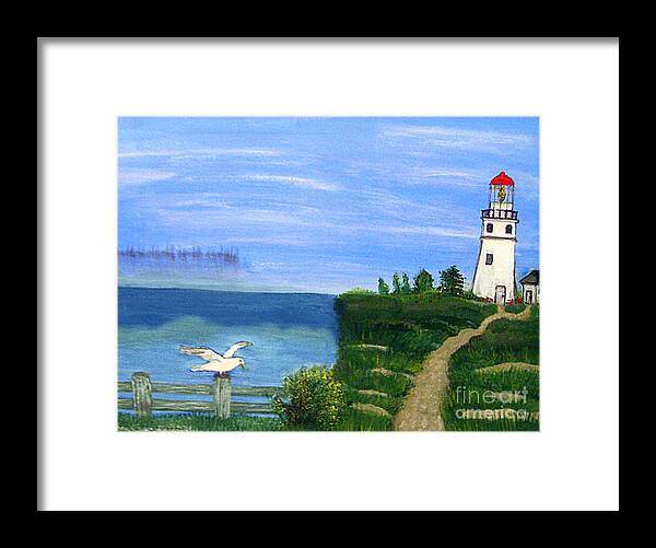 Lighthouse And Seagull Framed Print featuring the painting Lighthouse and seagull 2 by Mindy Bench