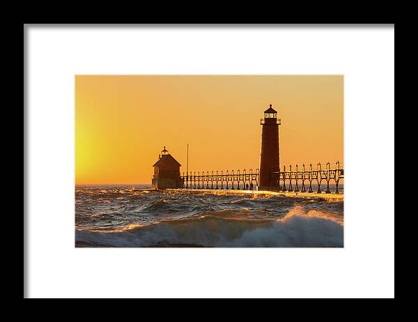 Photography Framed Print featuring the photograph Lighthouse On The Jetty At Dusk, Grand by Panoramic Images