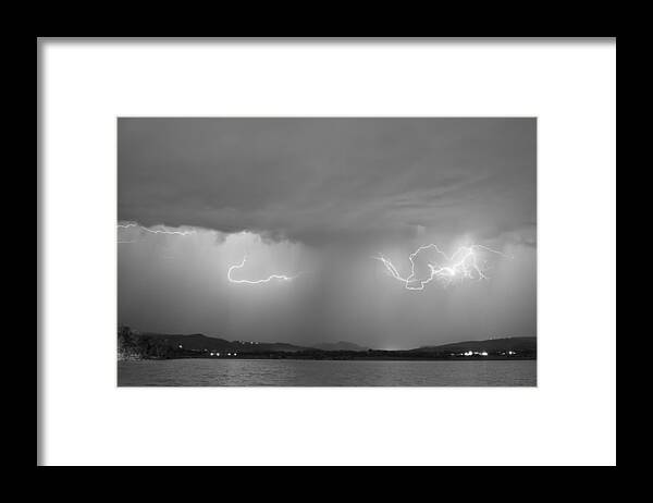 Lightning Framed Print featuring the photograph Lightning and Rain Over Rocky Mountain Foothills BW by James BO Insogna