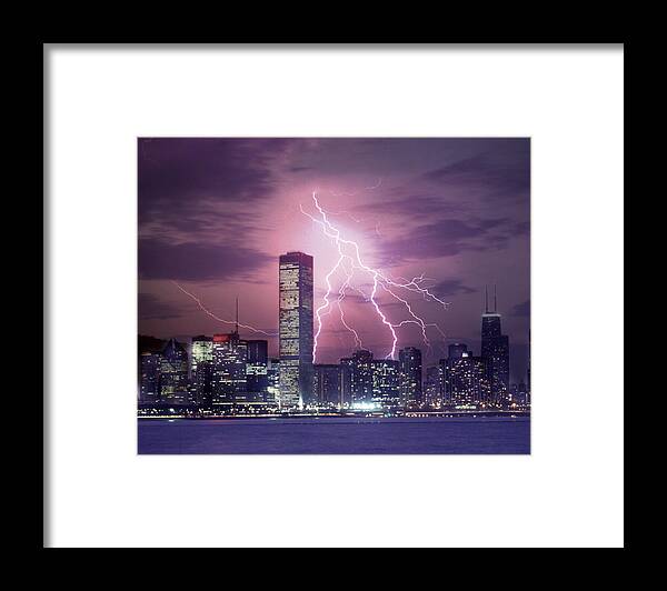 Scenics Framed Print featuring the photograph Lightning Striking Chicago Skyline by Lyle Leduc