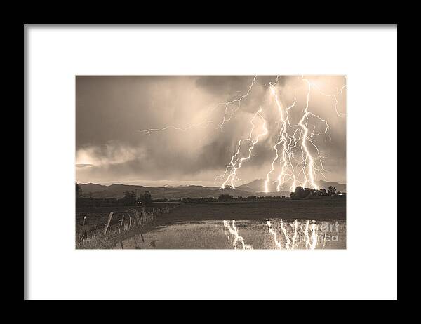 Lightning Framed Print featuring the photograph Lightning Striking Longs Peak Foothills Sepia 4 by James BO Insogna