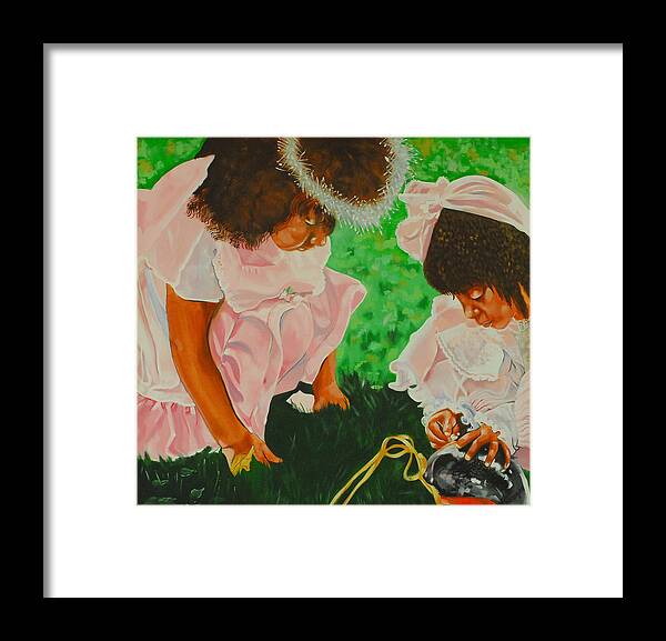 Two Little Girls Dressed Up In Like Fairies Enjoying Playing In The Yard; Innocence Framed Print featuring the painting Lil' Angels by Belle Massey