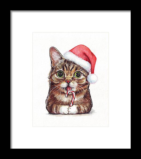 Lil Bub Framed Print featuring the painting Cat Santa Christmas Animal by Olga Shvartsur