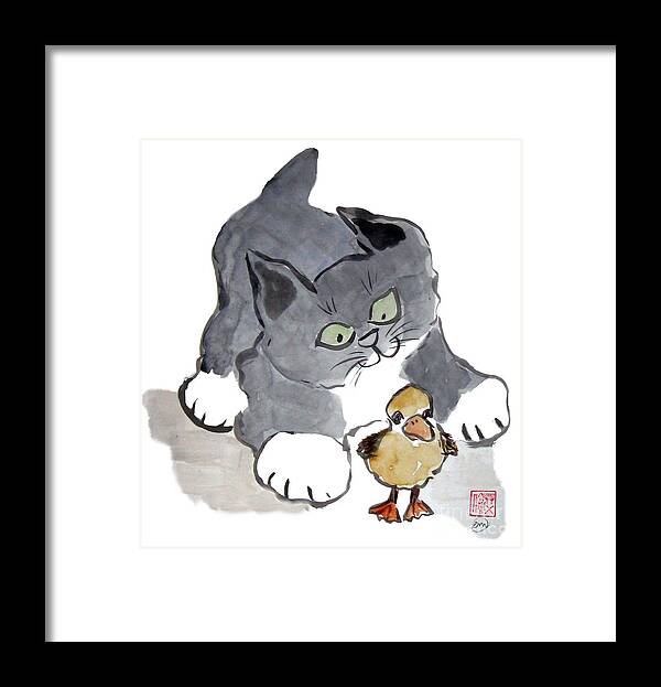 Ducky Framed Print featuring the painting Lil Ducky anf Kitten by Ellen Miffitt