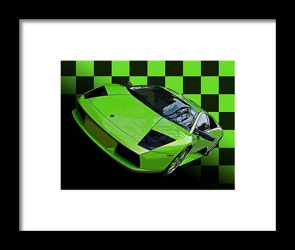 Lime Green Lamborghini Murcielago Framed Print featuring the photograph Lime Green Lamborghini Murcielago with Checkerboard by Samuel Sheats