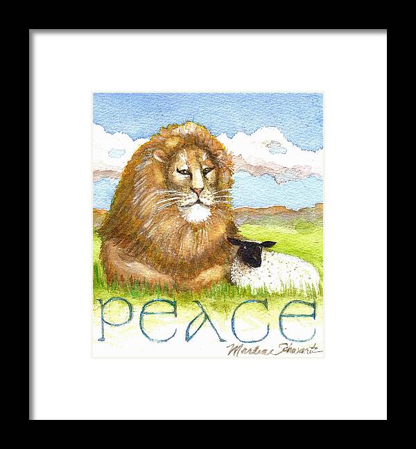 Lion And Lamb Framed Print featuring the painting Lion and Lamb - Peace by Marlene Schwartz Massey
