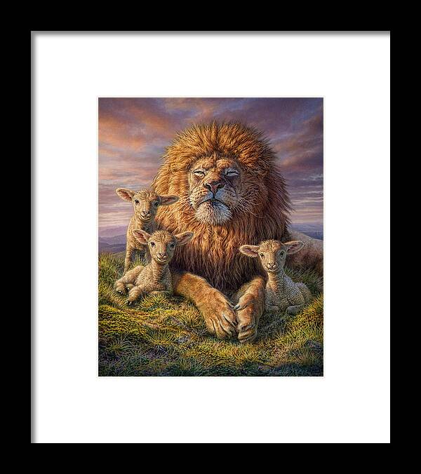 Lion Framed Print featuring the mixed media Lion and Lambs by Phil Jaeger