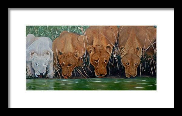 Nature Framed Print featuring the painting Lion Family by Petra Stephens
