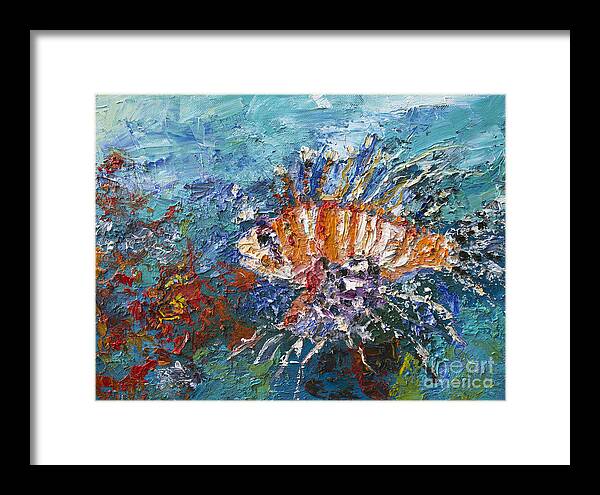 Fish Framed Print featuring the painting Lion Fish Red Coral Oil Painting by Ginette Callaway