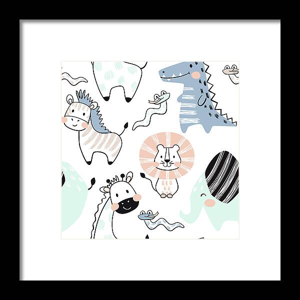 Child Framed Print featuring the digital art Lion, Giraffe, Elephant, Crocodile by Vasilyevalara