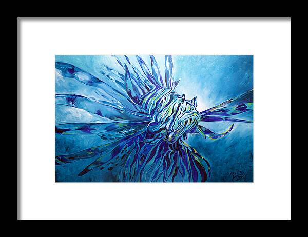 Fish Framed Print featuring the painting Lionfish Abstract Blue by Marcia Baldwin