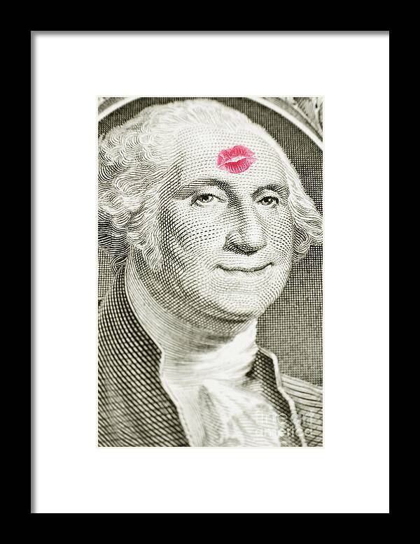 Money Framed Print featuring the photograph Lipstick kiss on one dollar bill by Bryan Mullennix