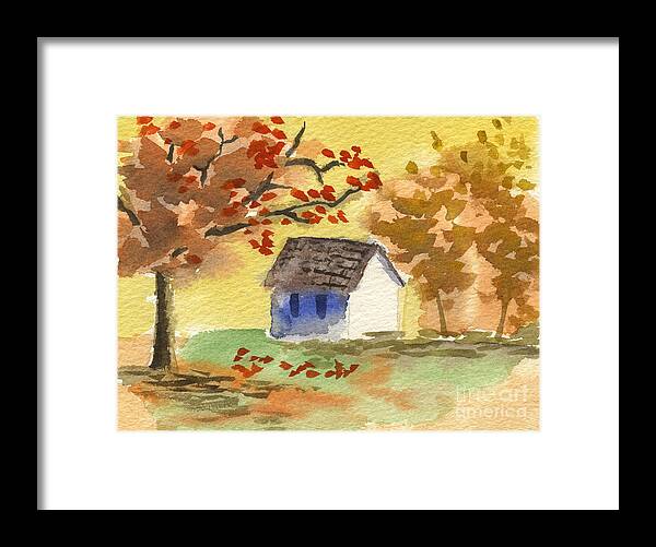 Cottage In Autumn Framed Print featuring the painting Little Cottage in Autumn by Beverly Claire Kaiya