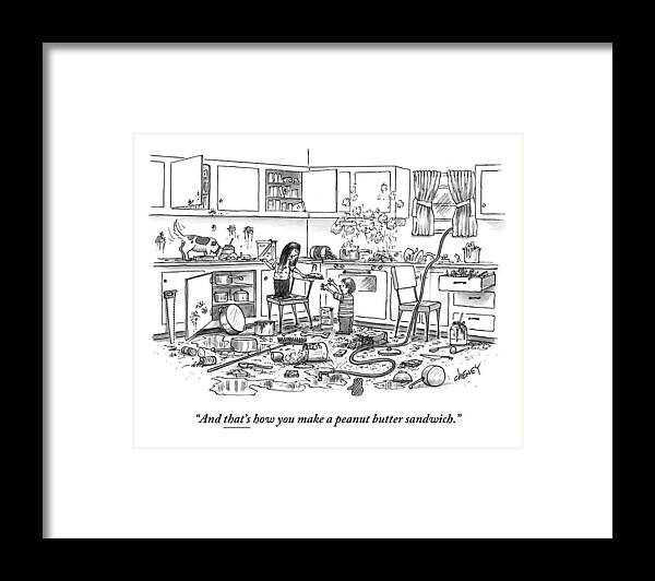 Recipes Framed Print featuring the drawing Little Girl Handing A Little Boy A Sandwich by Tom Cheney