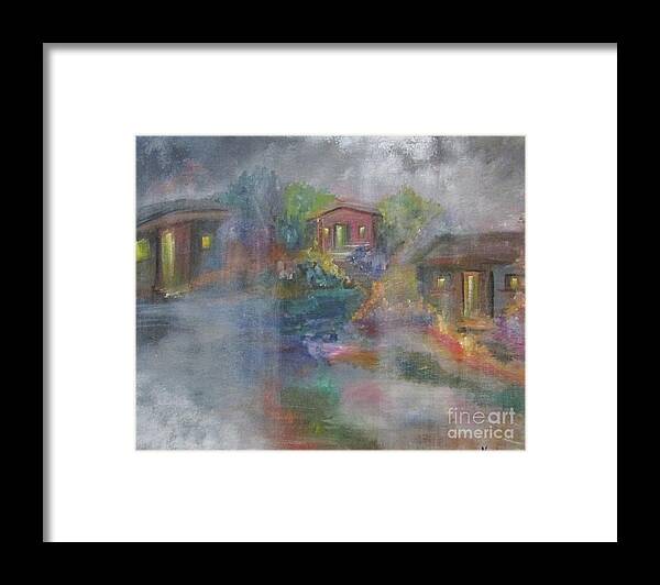 Houses Framed Print featuring the painting Little Houses on a Rainy Night by Nereida Rodriguez