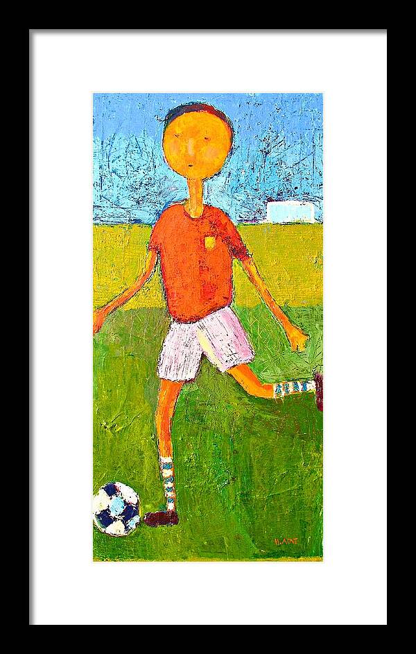 Painting Of Children Framed Print featuring the painting Little soccer player by Habib Ayat