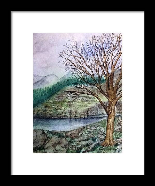 Loch Ard Framed Print featuring the painting Loch Ard Stirling overlooking Loch a'Ghleannain by Joan-Violet Stretch