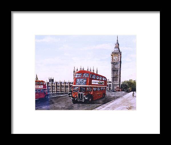London Framed Print featuring the painting London Bus on Westminster Bridge London by Mackenzie Moulton