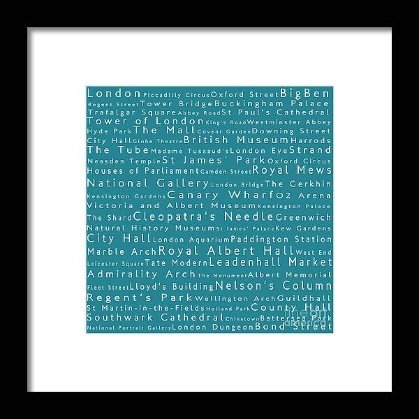 Cities Framed Print featuring the photograph London in Words Teal by Sabine Jacobs